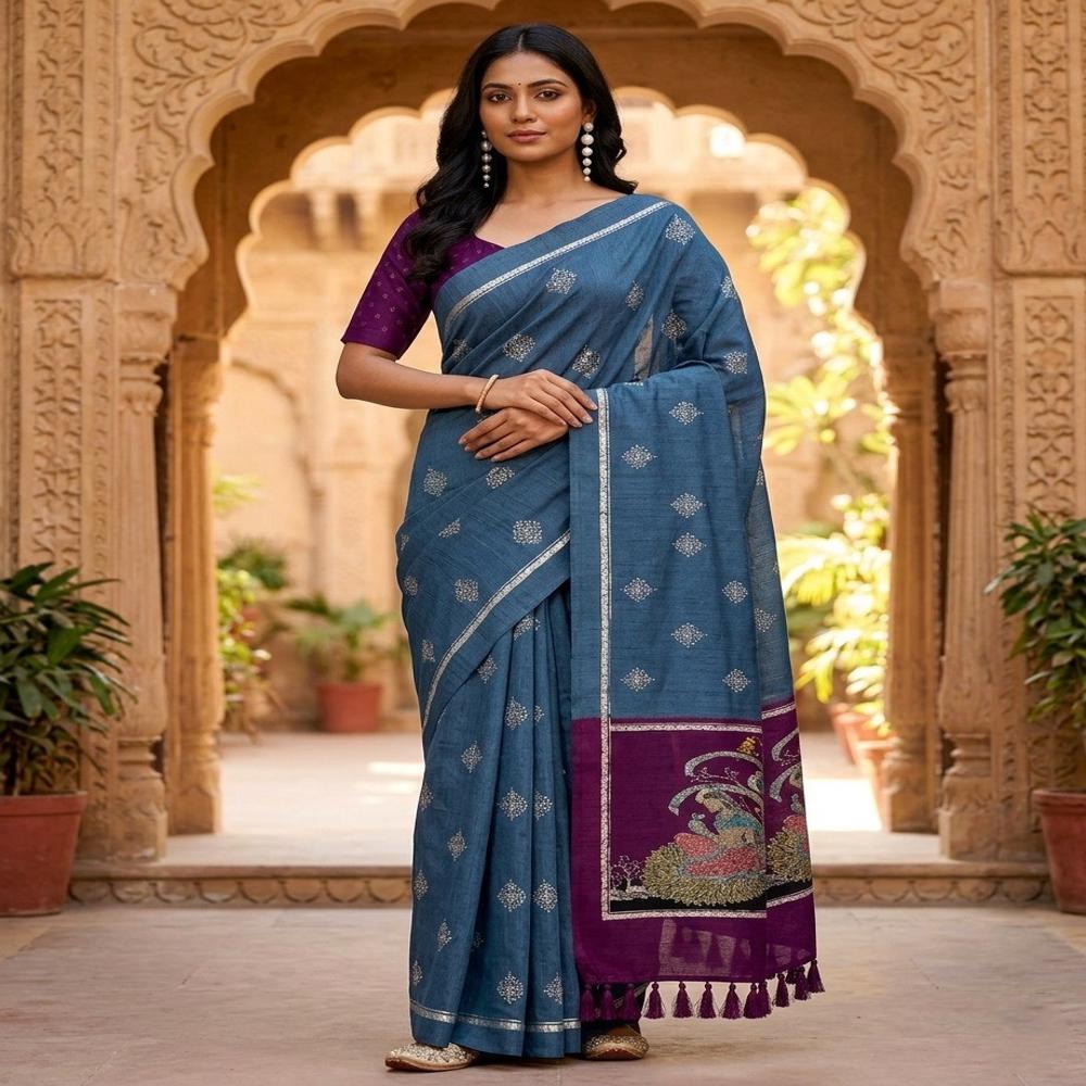 Elegant Catonic Sofi Silk Saree with Scenic Digital Pallu & Contrast Blouse