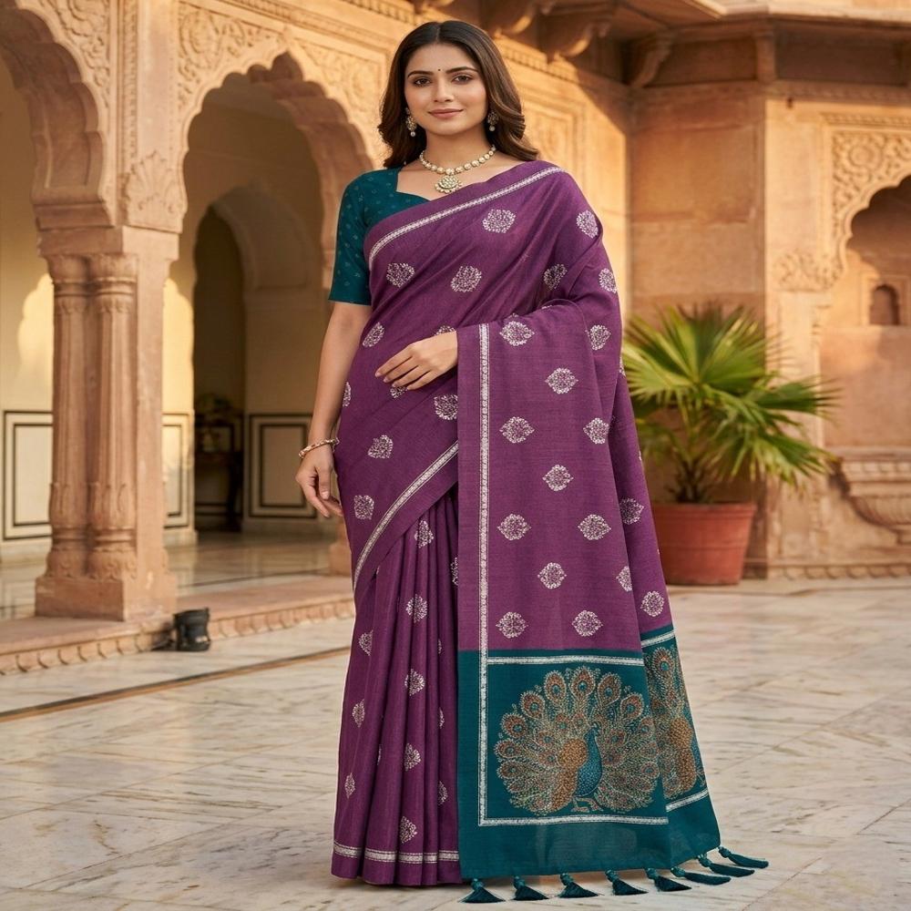 Elegant Catonic Sofi Silk Saree with Scenic Digital Pallu & Contrast Blouse