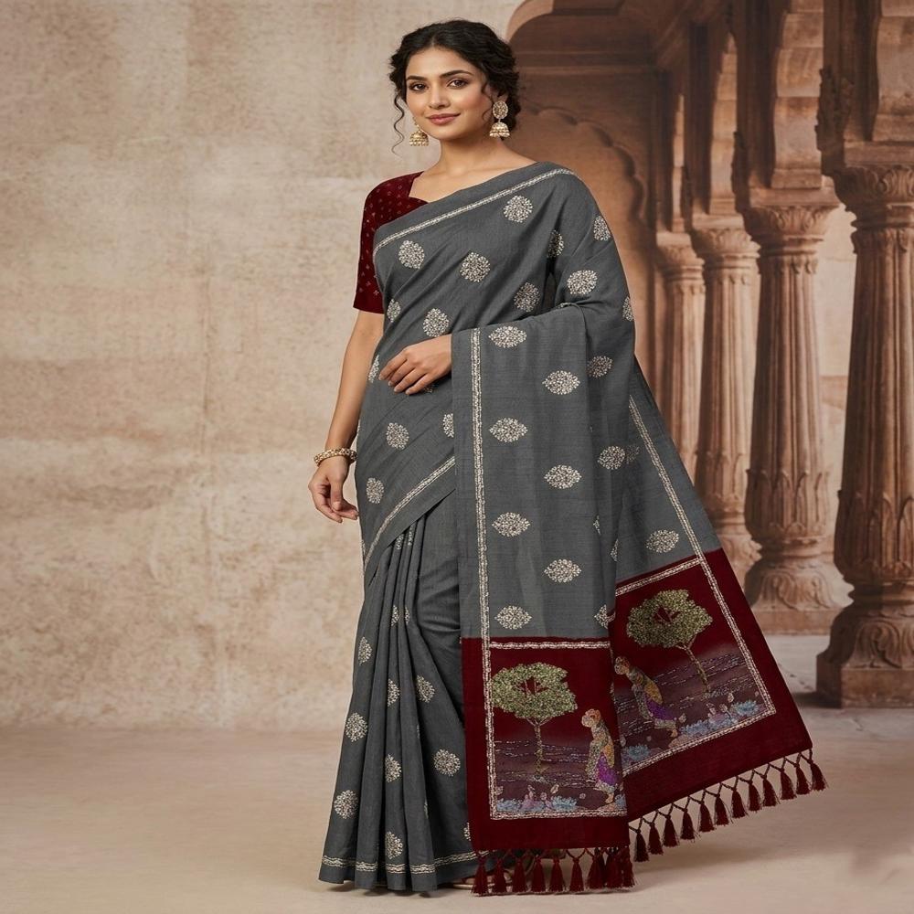 Elegant Catonic Sofi Silk Saree with Scenic Digital Pallu & Contrast Blouse