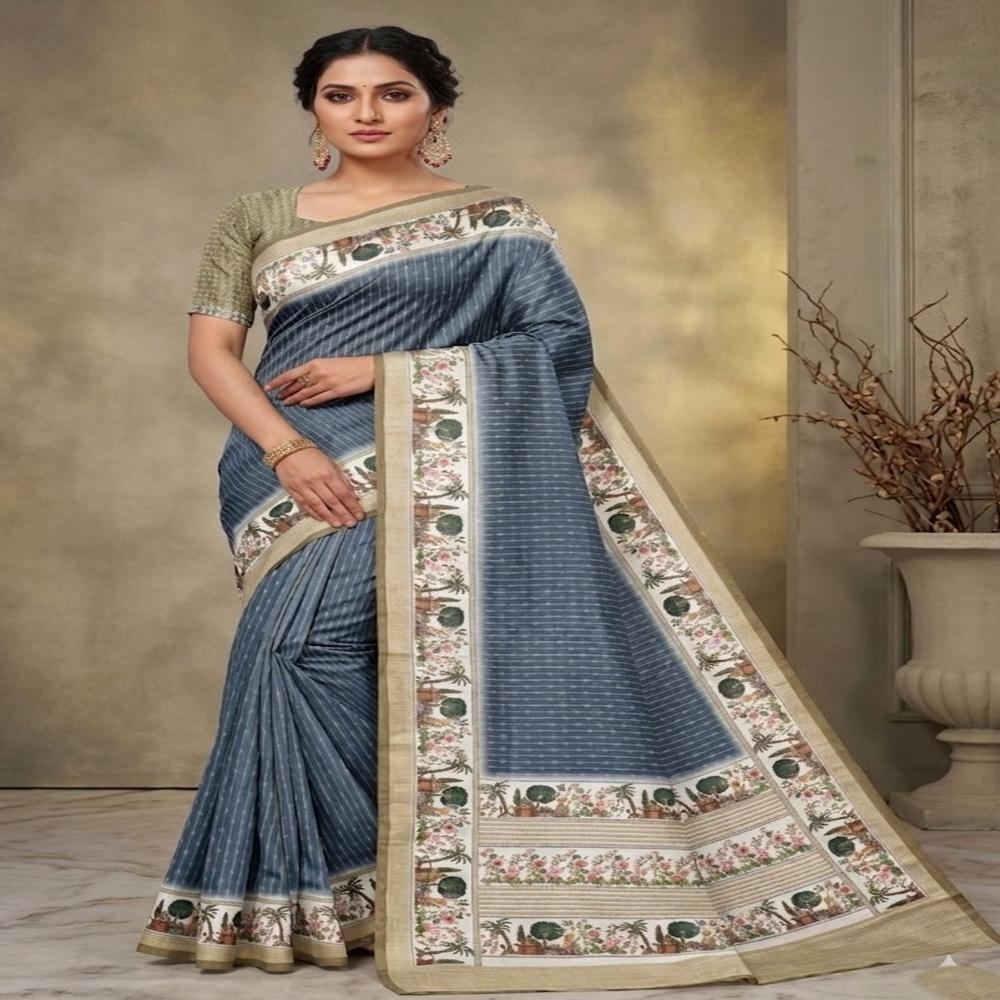 Graceful Catonic Sofi Silk Saree with Floral Printed Border & Designer Blouse