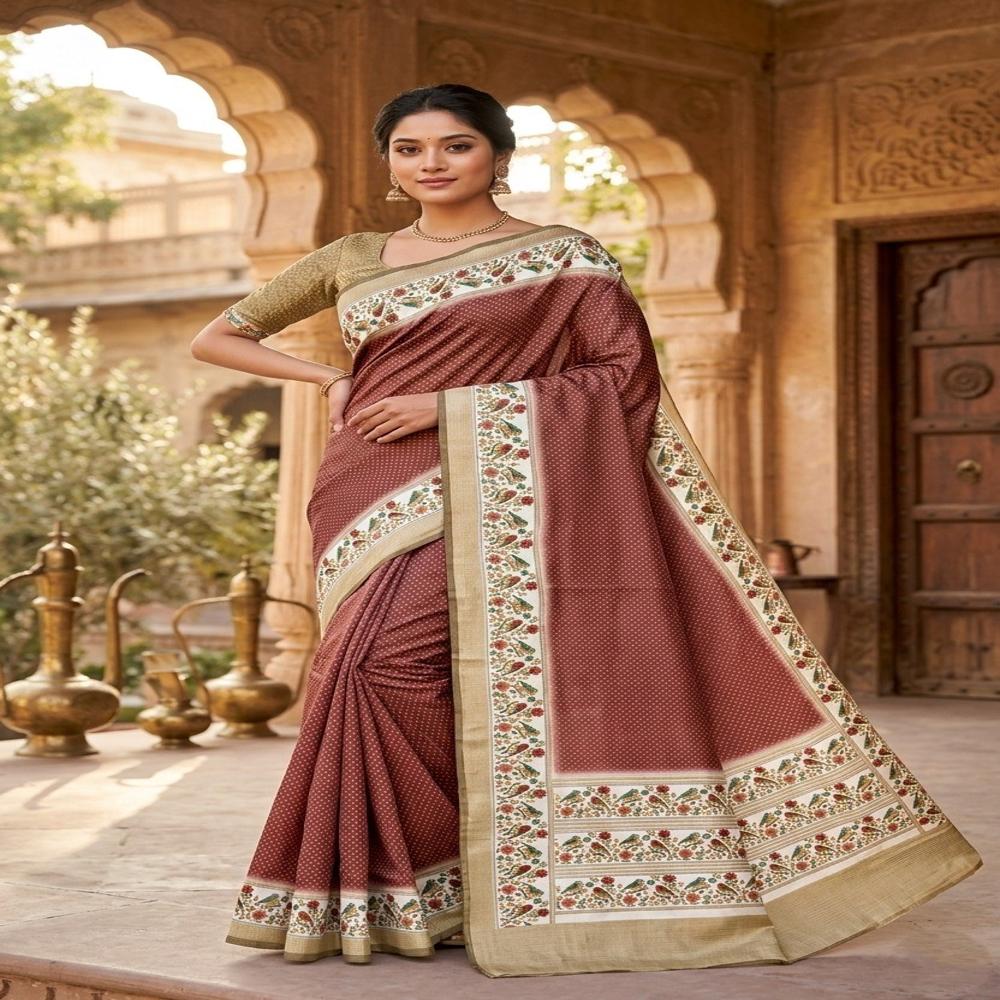 Graceful Catonic Sofi Silk Saree with Floral Printed Border & Designer Blouse
