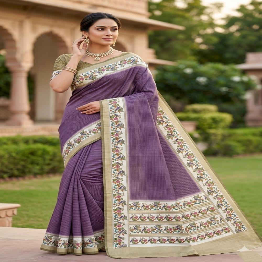 Graceful Catonic Sofi Silk Saree with Floral Printed Border & Designer Blouse