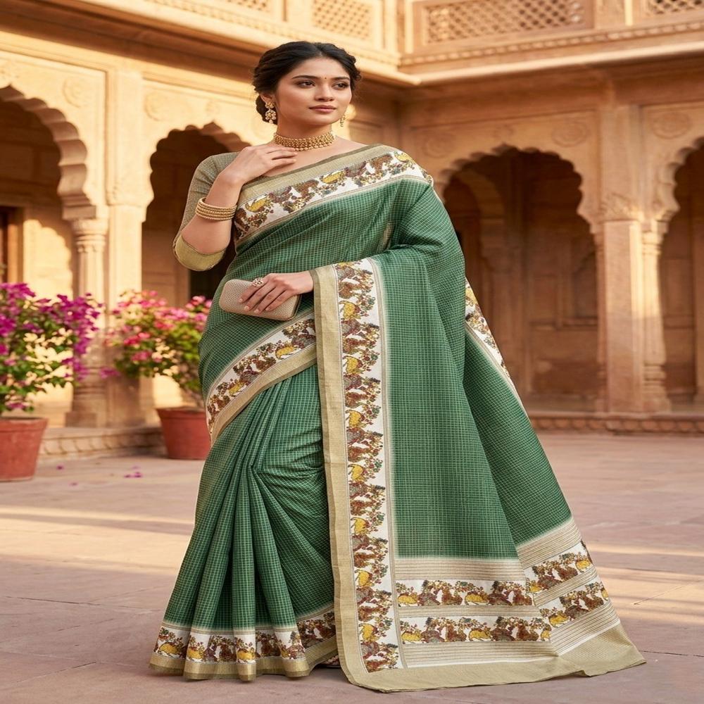 Graceful Catonic Sofi Silk Saree with Floral Printed Border & Designer Blouse