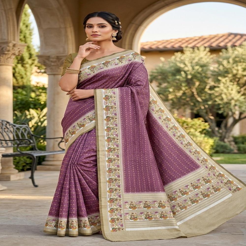 Graceful Catonic Sofi Silk Saree with Floral Printed Border & Designer Blouse