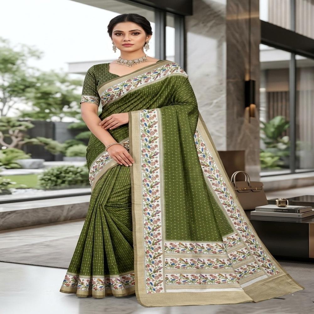 Graceful Catonic Sofi Silk Saree with Floral Printed Border & Designer Blouse