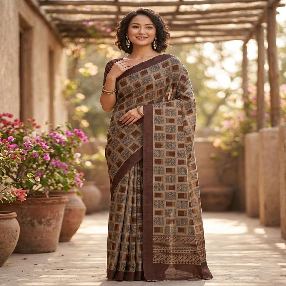 Abstract Digital Print Catonic Sofi Silk Saree