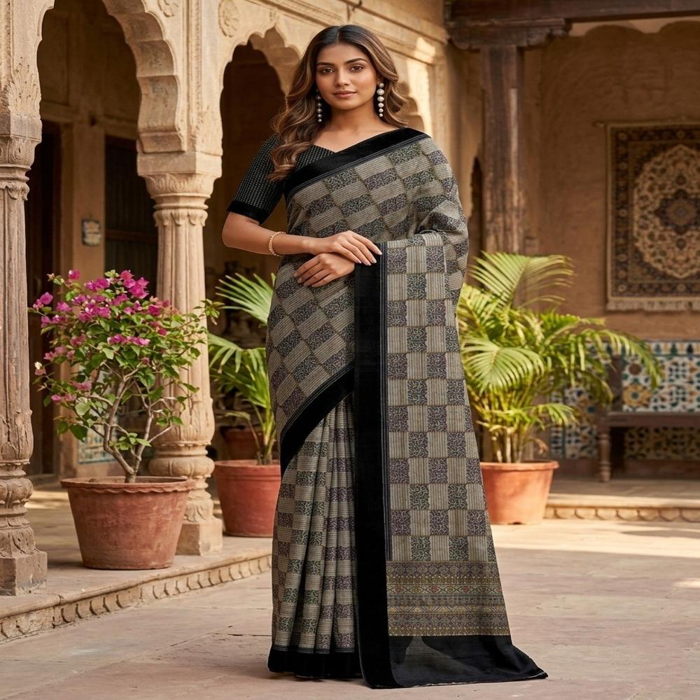 Abstract Digital Print Catonic Sofi Silk Saree