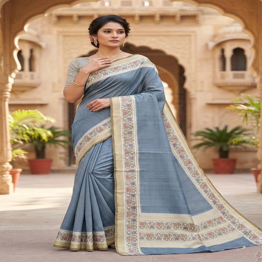 Graceful Catonic Sofi Silk Saree with Floral Printed Border & Designer Blouse