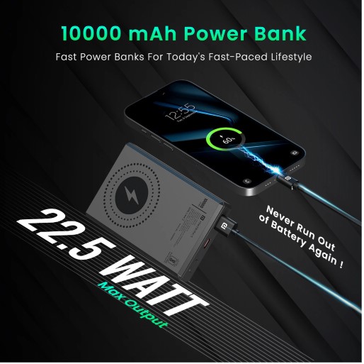 Portronics 10000 mAh 22.5 W Wired & Wireless Compact Power Bank (Dark Grey, Lithium Polymer, Fast Charging for Mobile)