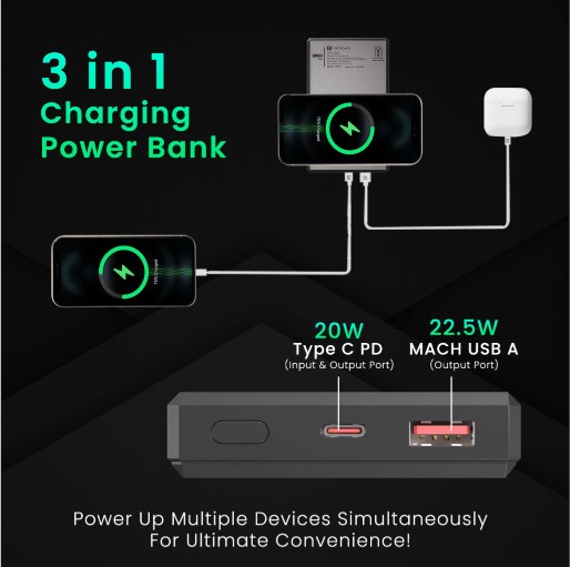 Portronics 10000 mAh 22.5 W Wired & Wireless Compact Power Bank (Dark Grey, Lithium Polymer, Fast Charging for Mobile)