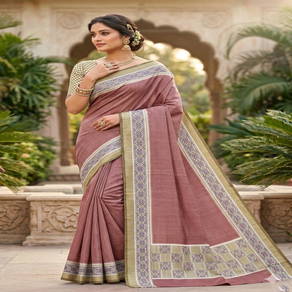 Graceful Catonic Sofi Silk Saree with Floral Printed Border & Designer Blouse