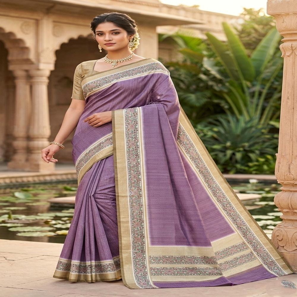 Graceful Catonic Sofi Silk Saree with Floral Printed Border & Designer Blouse