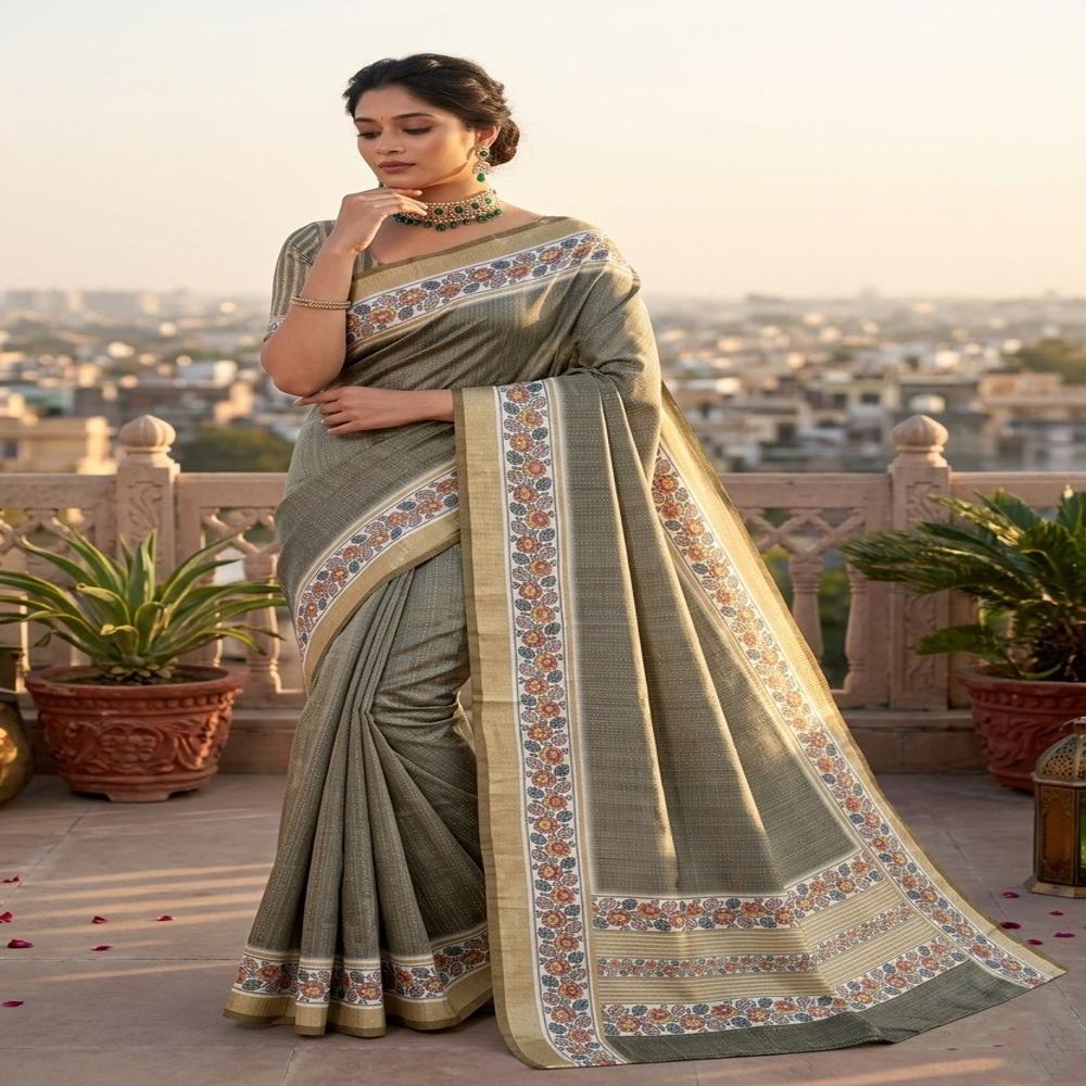 Graceful Catonic Sofi Silk Saree with Floral Printed Border & Designer Blouse