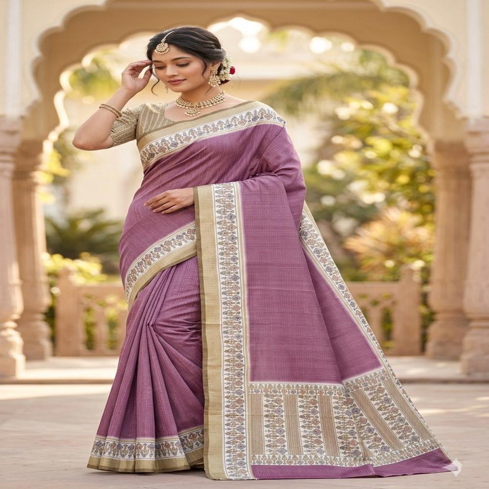 Graceful Catonic Sofi Silk Saree with Floral Printed Border & Designer Blouse