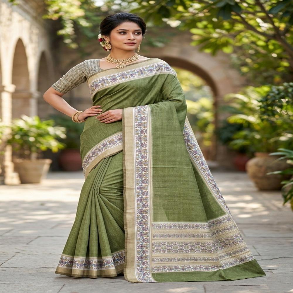Graceful Catonic Sofi Silk Saree with Floral Printed Border & Designer Blouse