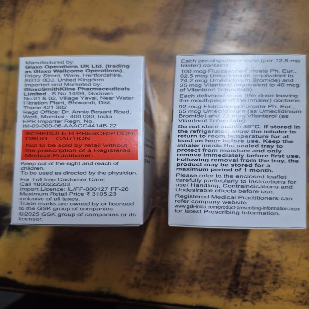 Trelegy ellipta 100mcg/62.5/25mcg(Fluticasone furoate,umeclidium and vilanterol powder)