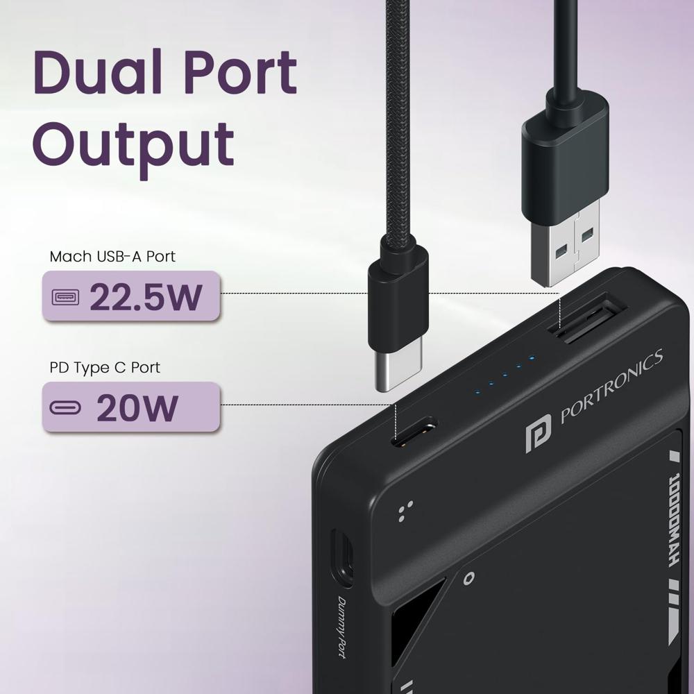Portronics Luxcell Uno 10K 10000 mAh 22.5W Fast Charging Power Bank with Detachable Type C Cable, Ultra Slim Power Bank wit
