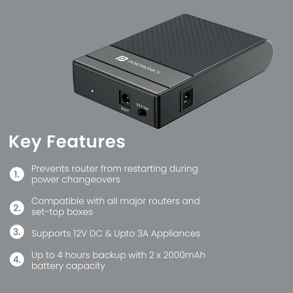 Portronics Power Plus II Mini UPS for 12V-3A WiFi Router Broadband Modem, Backup Upto 4 Hours, Current Surge