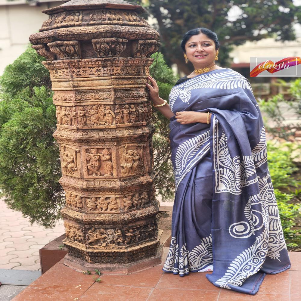Powdered blue Bishnupuri Katan Silk saree