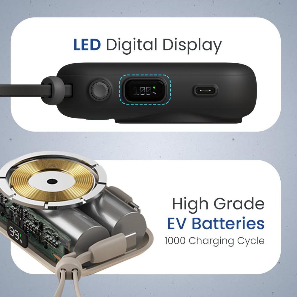 Portronics Power Shutter 10000mAh 20W Magnetic Wireless Fast Powerbank with in-Built Type C & 8 Pin Cable, 22.5W Type C PD Output, Type C...