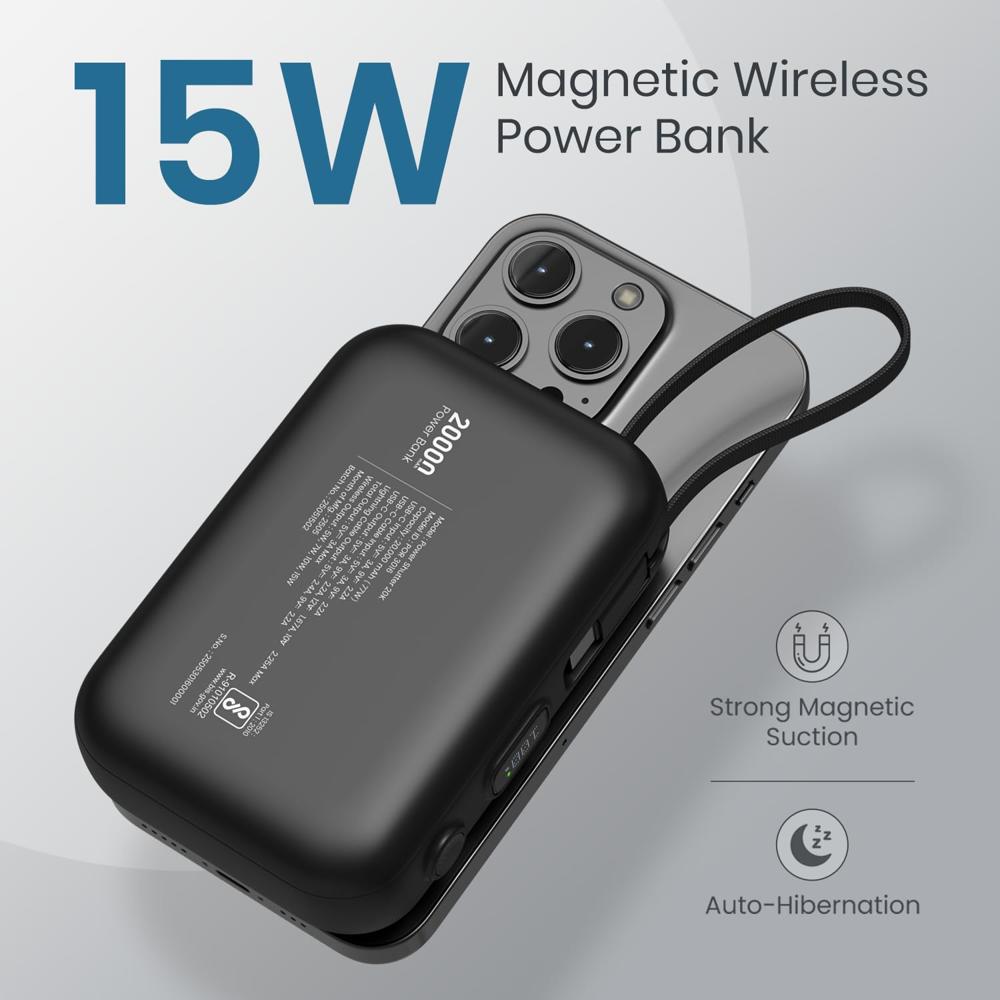 Portronics Power Shutter 20000mAh 15W Magnetic Wireless Fast Charging Powerbank with in-Built Type C & 8 Pin Cable,