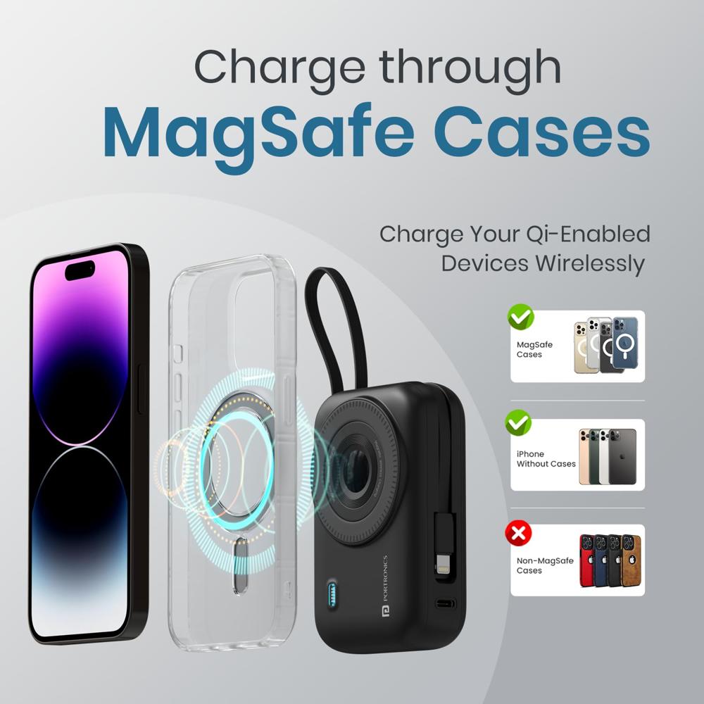 Portronics Power Shutter 20000mAh 15W Magnetic Wireless Fast Charging Powerbank with in-Built Type C & 8 Pin Cable,