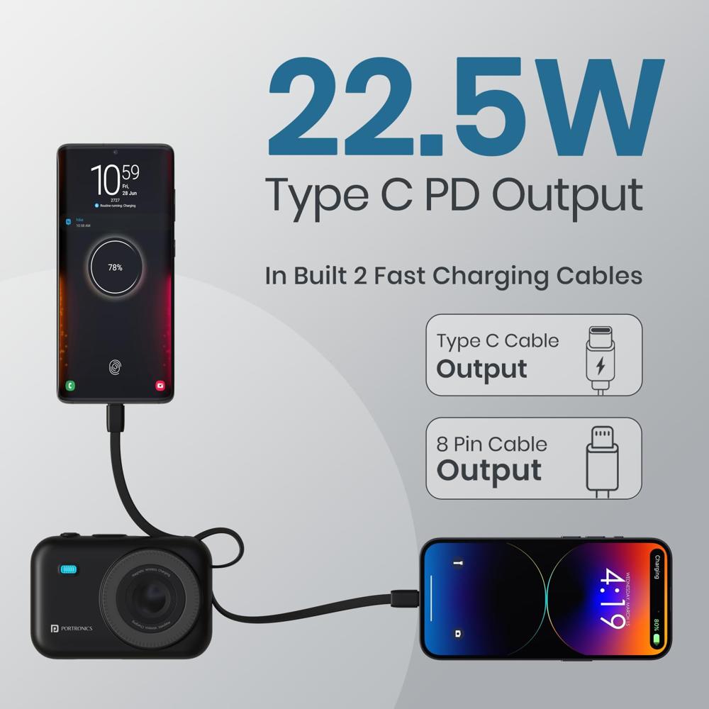Portronics Power Shutter 20000mAh 15W Magnetic Wireless Fast Charging Powerbank with in-Built Type C & 8 Pin Cable,