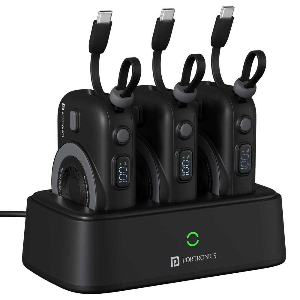 Portronics Power Shutter Home 3 x 10000mAh Fast Charging Wireless Powerbank with Charging Station, 22.5W Wired Output,