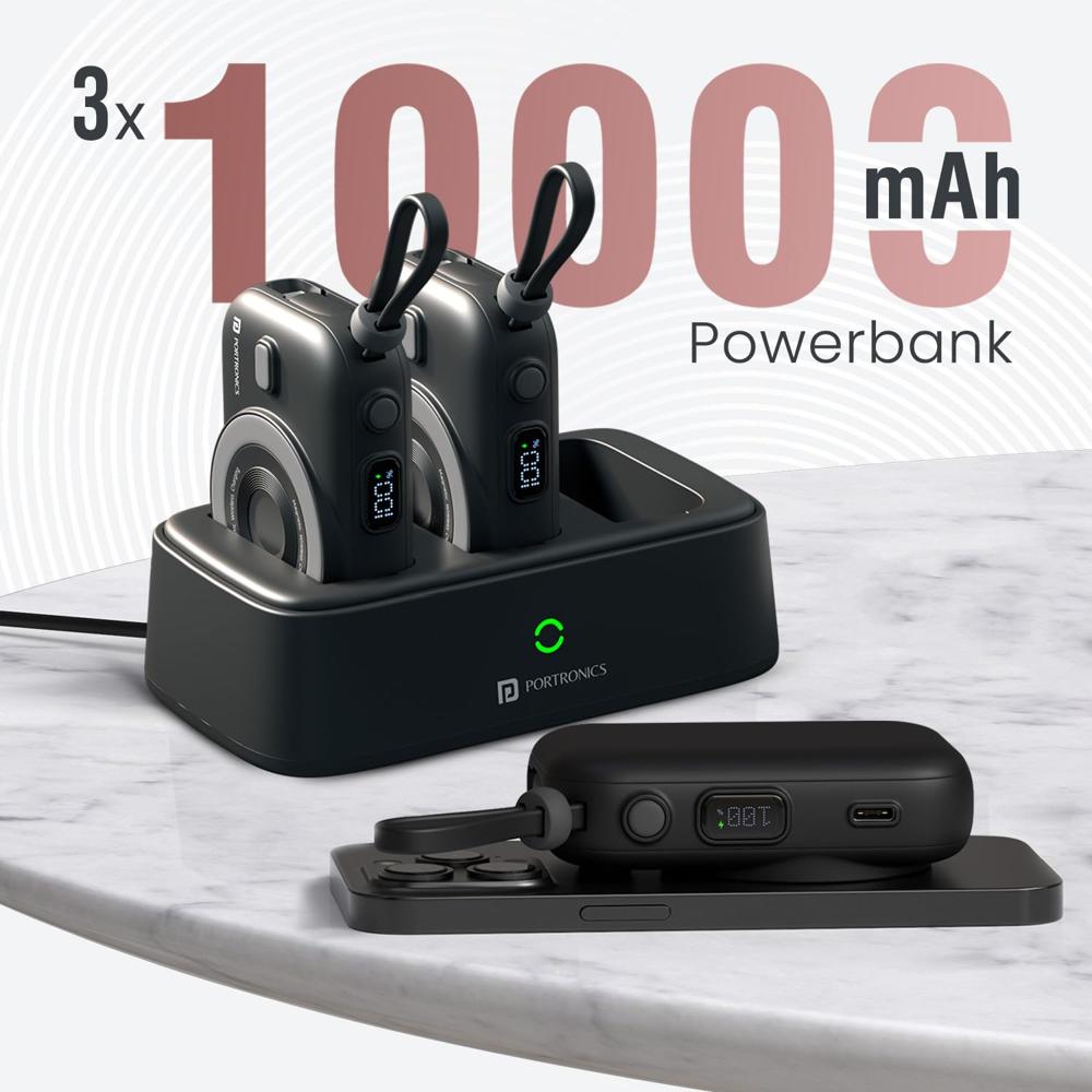 Portronics Power Shutter Home 3 x 10000mAh Fast Charging Wireless Powerbank with Charging Station, 22.5W Wired Output,