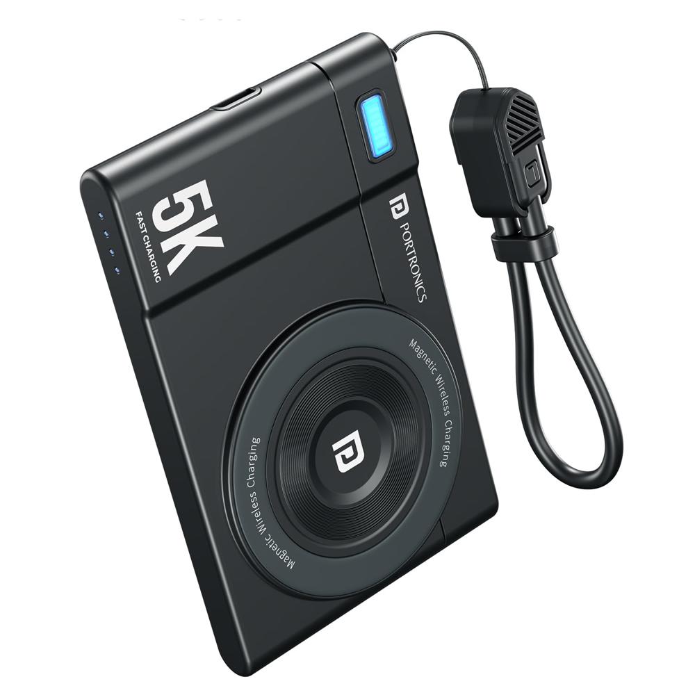 Portronics Power Shutter Air 5k 5000mAh 15W Wireless Magnetic Fast Charging Slim Powerbank, Detachable Type C Cable, 22.5W