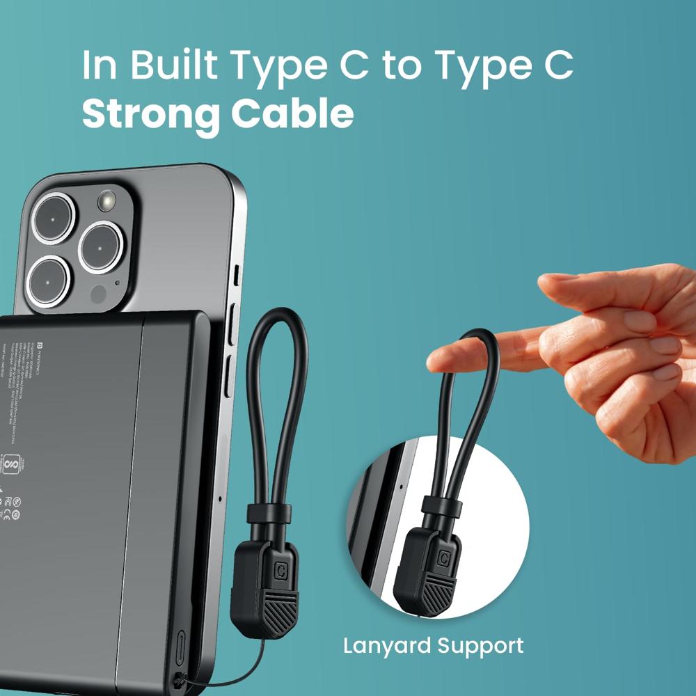 Portronics Power Shutter Air 5k 5000mAh 15W Wireless Magnetic Fast Charging Slim Powerbank, Detachable Type C Cable, 22.5W