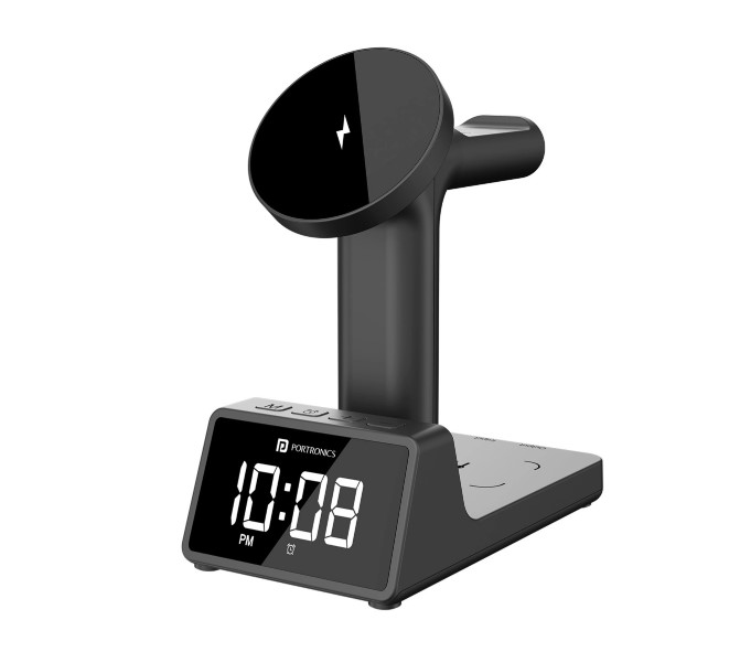 Portronics Bella 2 15w 3 In 1 Magnetic Wireless Charging Station With Digital Alarm Clock Charging Pad - Color: Black