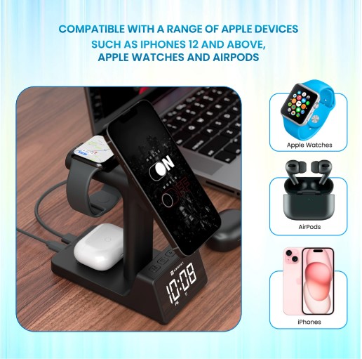 Portronics Bella 2 15W 3 in 1 Magnetic Wireless Charging Station with Digital Alarm Clock Charging Pad