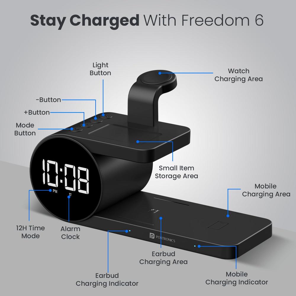 Portronics Freedom 6 15W Wireless Charger with 6-in-1 Function, Earbuds & Watch