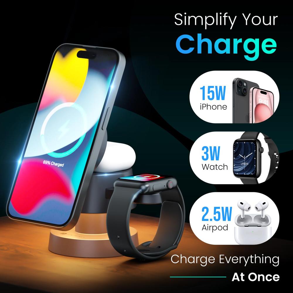 Portronics 15W TriCharge 4-in-1 Fast Charging Wireless Charger for iPhone with Night Lamp, Wireless
