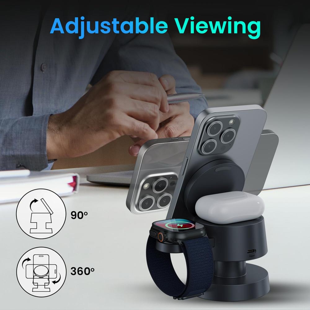 Portronics 15W TriCharge 4-in-1 Fast Charging Wireless Charger for iPhone with Night Lamp, Wireless