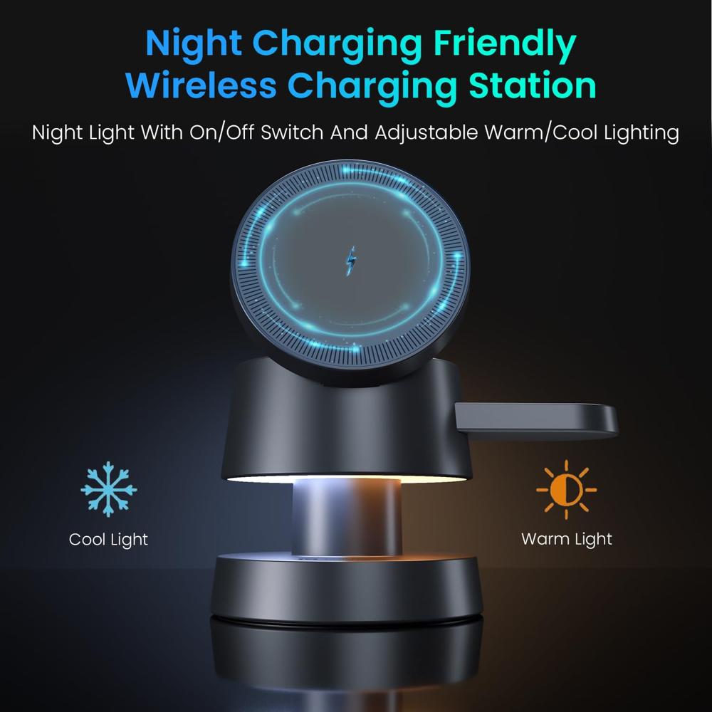 Portronics 15W TriCharge 4-in-1 Fast Charging Wireless Charger for iPhone with Night Lamp, Wireless