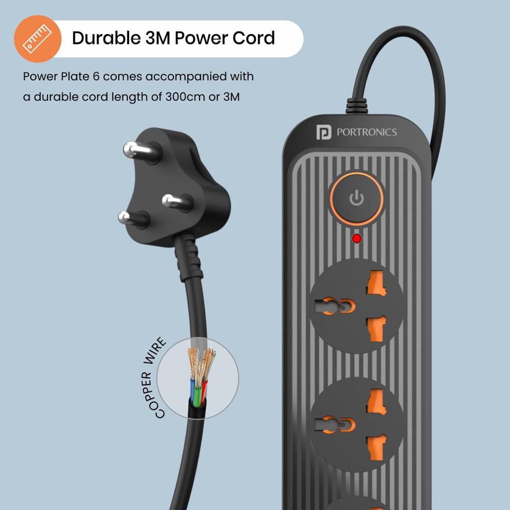 Portronics Power Plate 6 with 4 USB Port + 5 Power Sockets Extension Board, 2500W Power