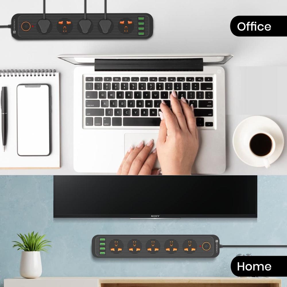 Portronics Power Plate 6 with 4 USB Port + 5 Power Sockets Extension Board, 2500W Power