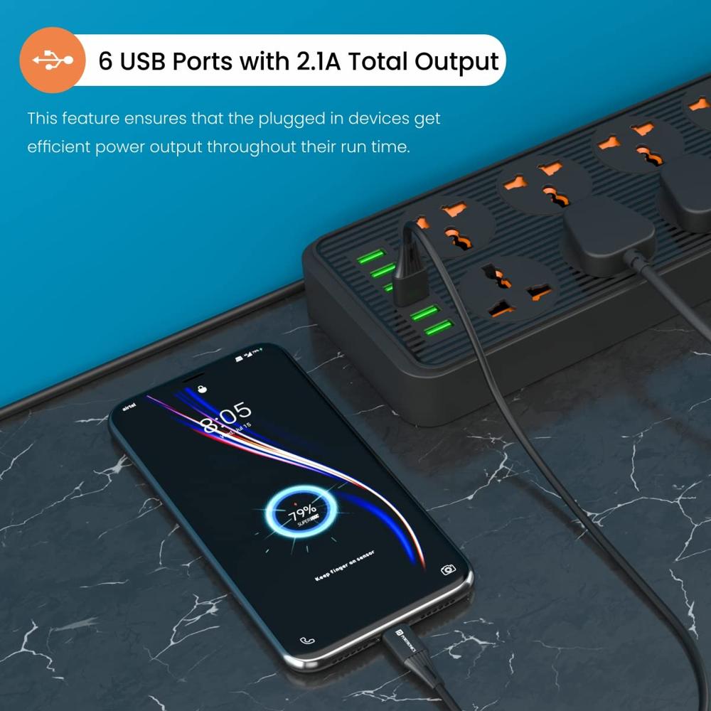 Portronics Power Plate 7 with 6 USB Port + 8 Power Sockets Power