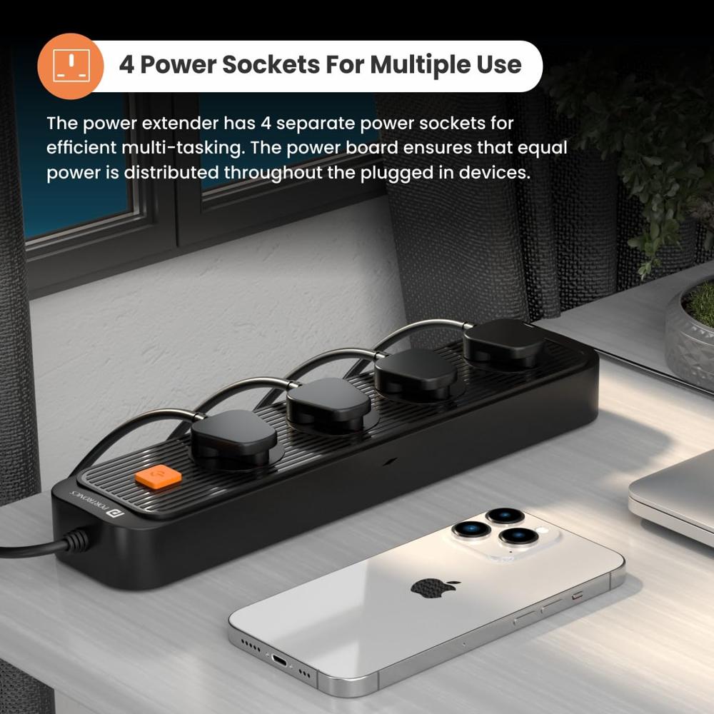 Portronics Power Plate 12 Extension Board with 4 Universal Sockets, 2 Meter Long Cord, 1500