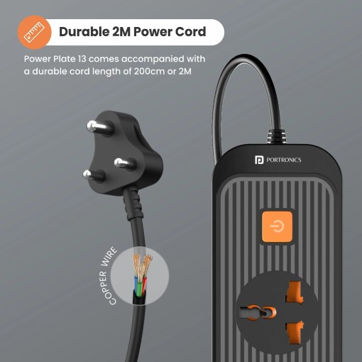 Portronics Power Plate 13 Multi Plug 1500W, 5  Socket Extension Boards (Black, 2 m)