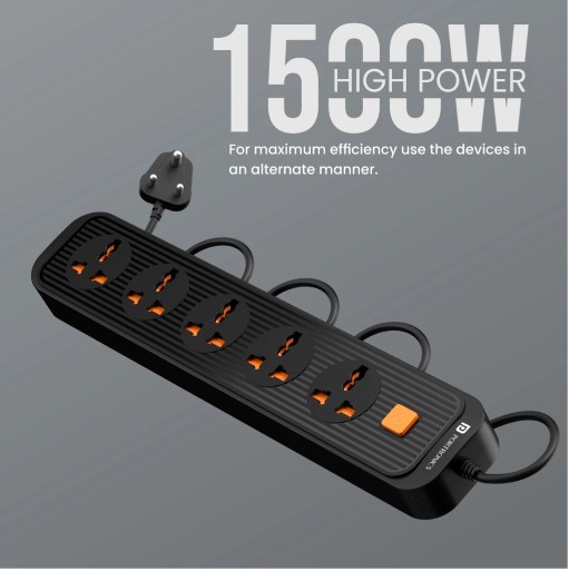 Portronics Power Plate 13 Multi Plug 1500W, 5  Socket Extension Boards (Black, 2 m)