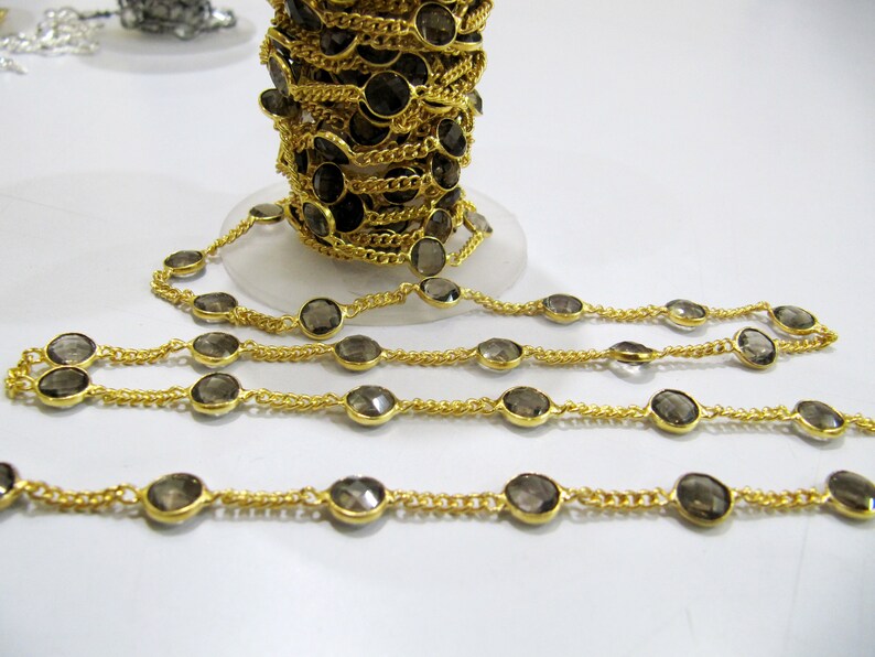 Natural Smoky Quartz Connector Chain, Genuine Smoky Quartz Briolette Coin Shape 7mm,