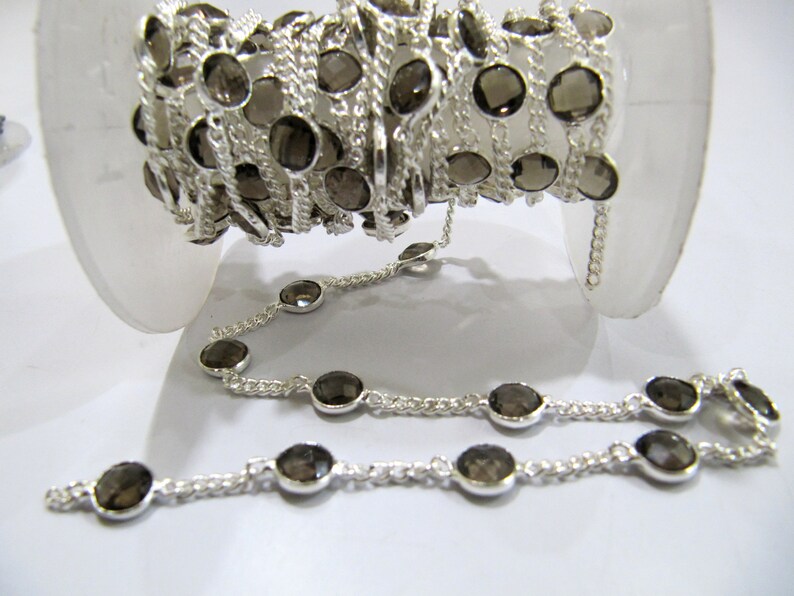 Natural Smoky Quartz Connector Chain, Genuine Smoky Quartz Briolette Coin Shape 7mm,