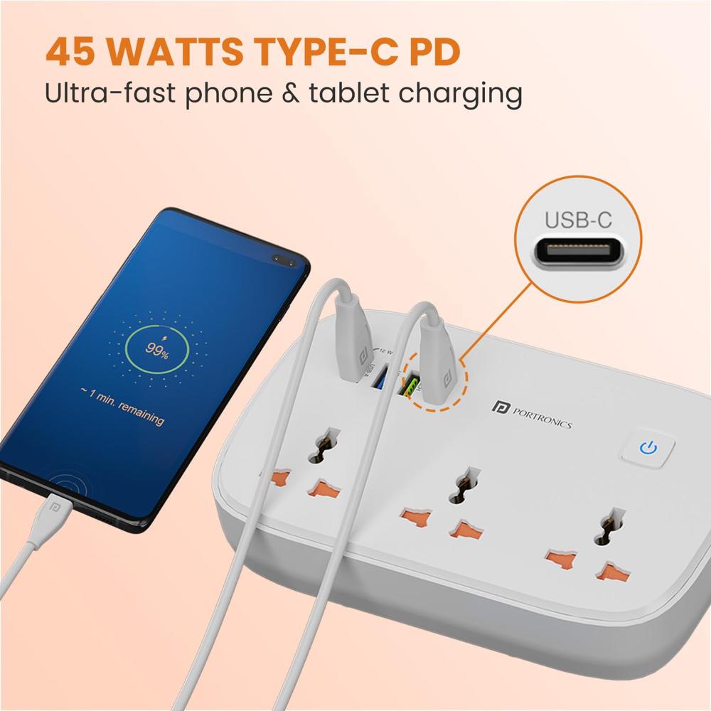 Portronics Power Plate 16 Extension Board with 45W Type-C