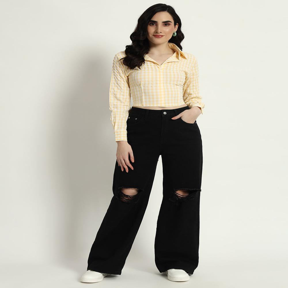 Yellow Ghingham Shirt - Length: Hip Length
