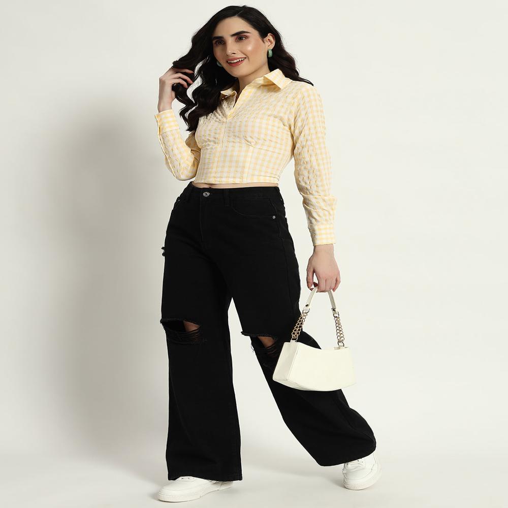 Yellow Ghingham Shirt - Length: Hip Length