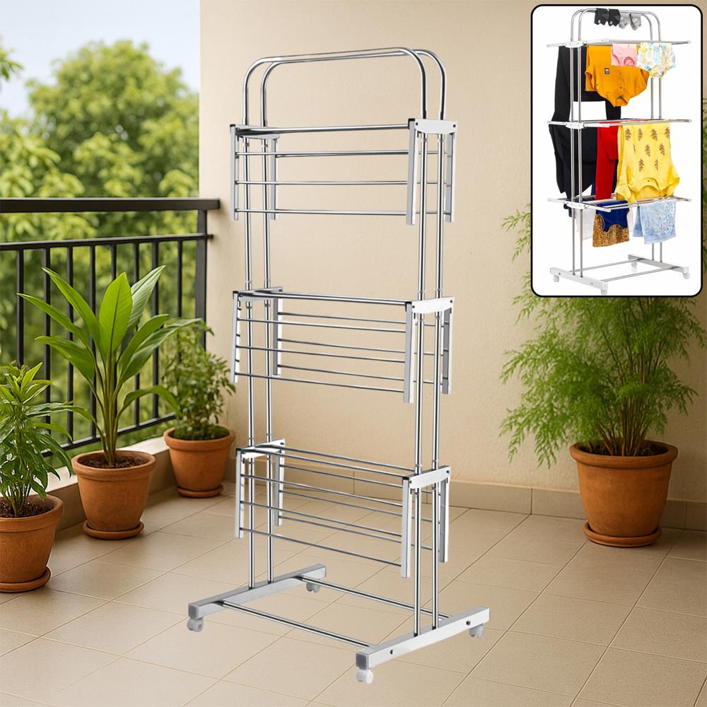 3 Layer Foldable Stainless Steel Cloth Drying Stand With Wheels - Color: Silver