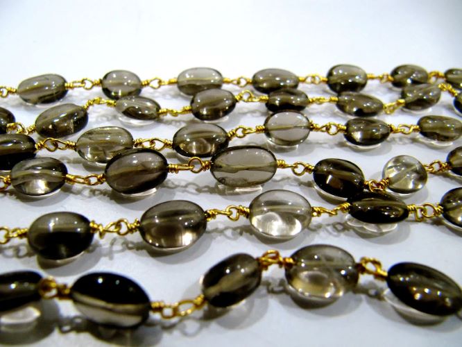 Smoky Quartz Oval Plain Smooth Beaded Rosary Chain Semi Precious Beads